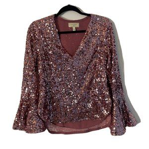 Anthropologie Moulinette Soeurs Sequined Bell Sleeve Top Pink Rose Sz 2 Sparkly